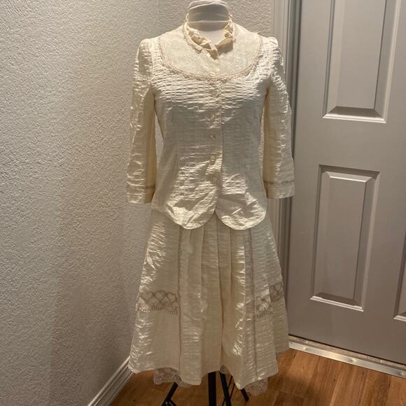 Shin Choi Skirt Set Lace Floral Midi Cottagecore Pleated Cotton Cream EUC Sz 4 - Picture 1 of 16